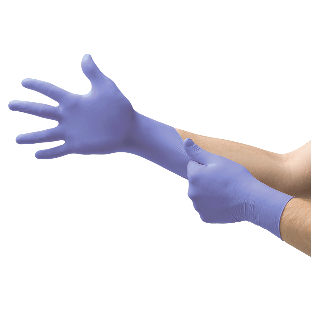 Person putting on a Microflex 93-853 long cuff nitrile glove, showcasing extended forearm coverage