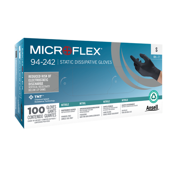 Box of Ansell Microflex 94-242 static dissipative nitrile gloves with chemical splash protection and 100 glove count