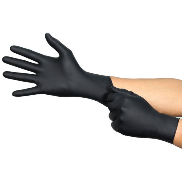 Person putting on a black Ansell Microflex 94-242 nitrile glove designed for static dissipation