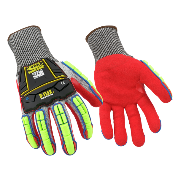 Pair of Ringers R065 gloves showing back and palm sides, highlighting textured red grip and full knuckle protection