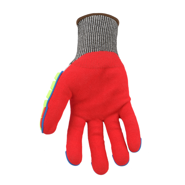 Palm-side view of Ringers R065 glove with red textured grip and cut-resistant knit cuff