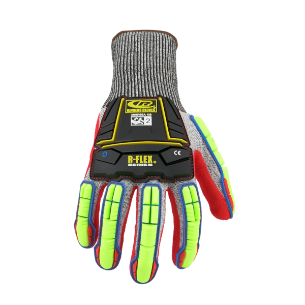 Back view of Ringers R065 impact protection glove with hi-vis yellow and black knuckle guard design