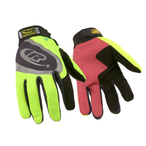 Pair of Ringers R138 gloves showing palm and back views with hi-vis colour and reinforced design