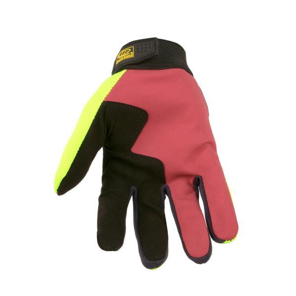 Palm view of Ringers R138 work glove showing black and red grip surface with hi-vis yellow trim