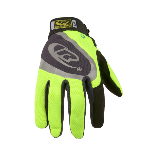 Back view of Ringers R138 glove featuring high-visibility yellow shell and reflective Ringers logo