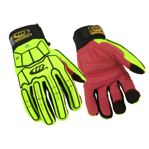 Pair of Ringers R161 gloves displaying palm and back views with bright yellow impact zones and red grip