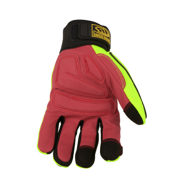 Palm view of Ringers R161 glove showing red synthetic leather grip and reinforced padding for durability