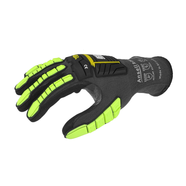 Side angle of Ansell R-840 glove highlighting high-vis impact protection on fingers and knuckles