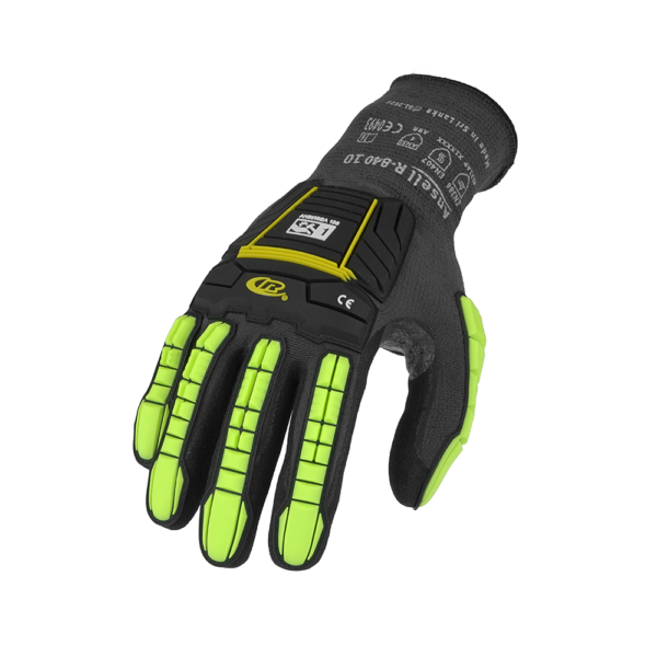 Back view of Ansell R-840 safety glove displaying R-Flex impact protection and ANSI labelling