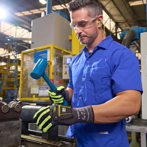 Worker using Ansell R-840 gloves with mallet in industrial setting, demonstrating impact resistance