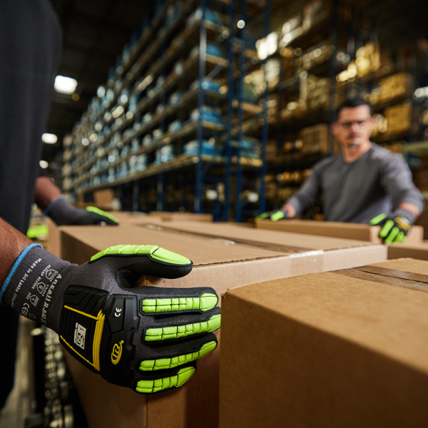 Ansell R-840 gloves worn by warehouse workers handling cardboard boxes in a logistics environment