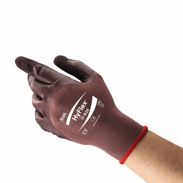 Ansell HyFlex 11-926 glove angled view displaying logo and backhand coating