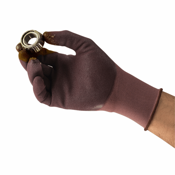 Ansell HyFlex 11-926 glove gripping an oily metal bearing