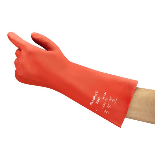 Ansell AlphaTec 15-554 red PVC glove worn on hand, side view
