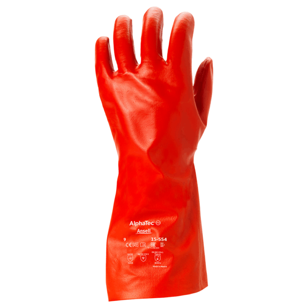 Ansell AlphaTec 15-554 PVC chemical glove, red, back view with branding
