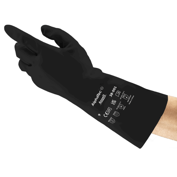 Ansell AlphaTec 38-001 chemical resistant glove in black nitrile, close-up angled view with safety markings