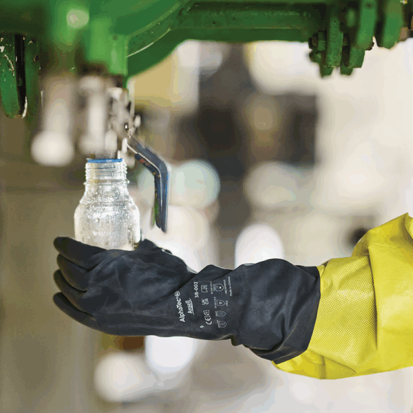 AlphaTec 38-001 chemical protection glove used for safe handling of liquids in industrial processing environment