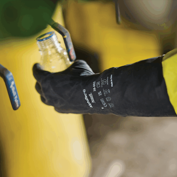 Chemical sampling with Ansell AlphaTec 38-001 protective gloves for safe handling of hazardous liquids