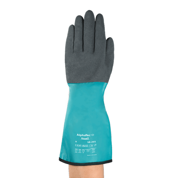 AlphaTec 58-201 chemical resistant glove showing EN safety certification and durable nitrile coating