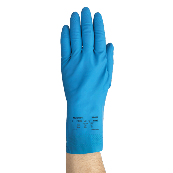 Ansell AlphaTec 88-356 blue chemical resistant glove with textured grip and safety certification logos