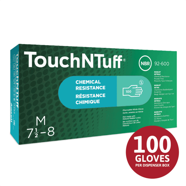 Ansell TouchNTuff 92-600 nitrile gloves box – chemical resistant disposable gloves, medium size, 100 per dispenser box