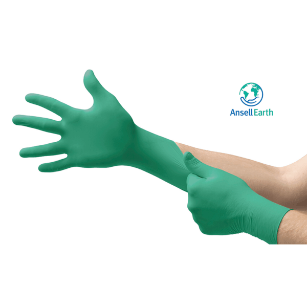 Ansell TouchNTuff 92-600 green nitrile glove being donned for chemical protection and workplace safety