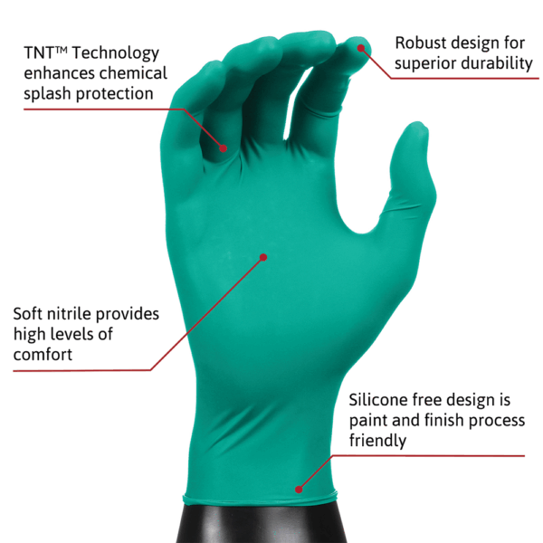 TouchNTuff 92-600 nitrile glove highlighting chemical splash protection, soft comfort, robust durability, and silicone-free design