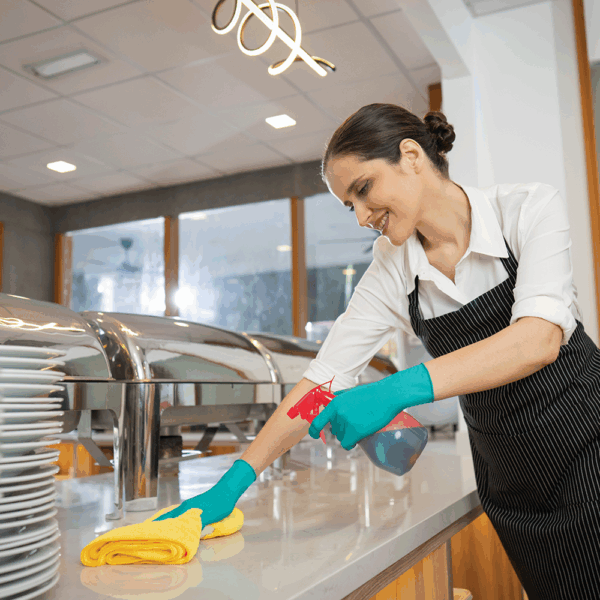 Catering staff cleaning surfaces with Ansell TouchNTuff 92-600 nitrile gloves for chemical resistance and hygiene safety