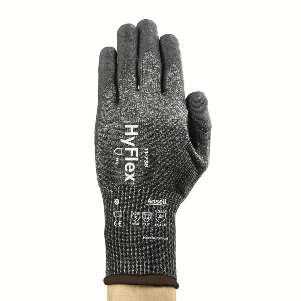 Ansell HyFlex 11-738 cut-resistant work glove – back view showing black knitted design with white branding and safety certifications.