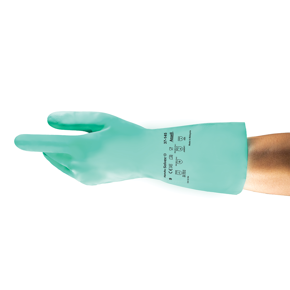 Ansell AlphaTec Solvex 37-145 chemical-resistant glove – green nitrile glove providing protection against solvents and oils.