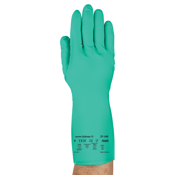 Ansell AlphaTec Solvex 37-145 glove back view – smooth green nitrile coating with printed compliance markings.