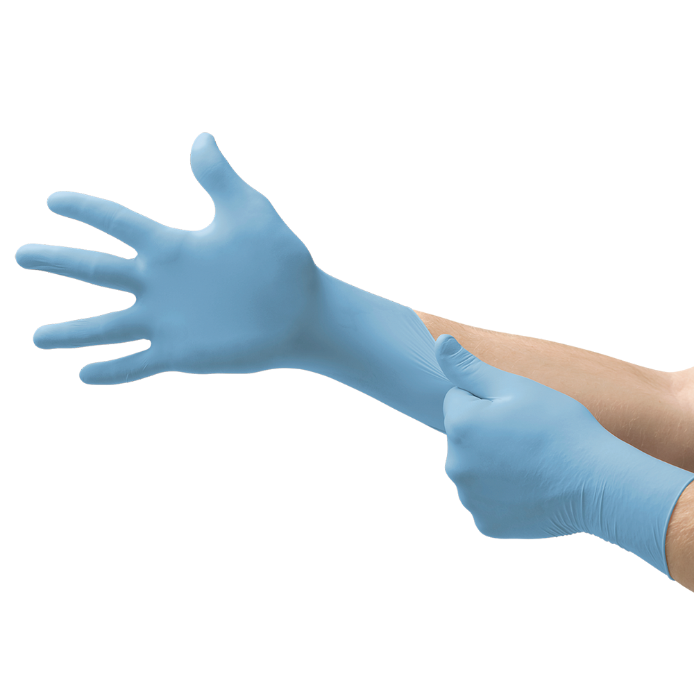 Ansell MICROFLEX 82-134 disposable nitrile gloves being stretched over the wrist, showing comfortable fit and flexibility.