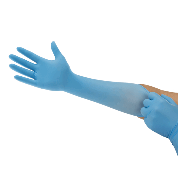 Ansell MICROFLEX 93-243 blue nitrile glove being pulled over the wrist, showing extended cuff for forearm protection.
