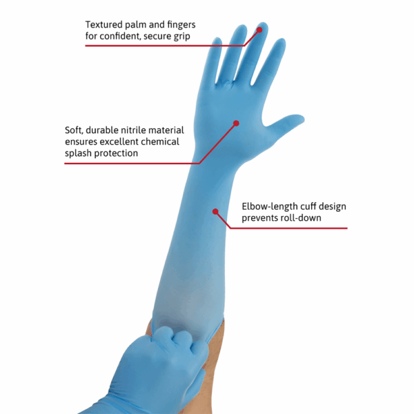 Ansell MICROFLEX 93-243 long-cuff blue nitrile gloves highlighting textured grip, chemical splash protection, and elbow-length cuff design.