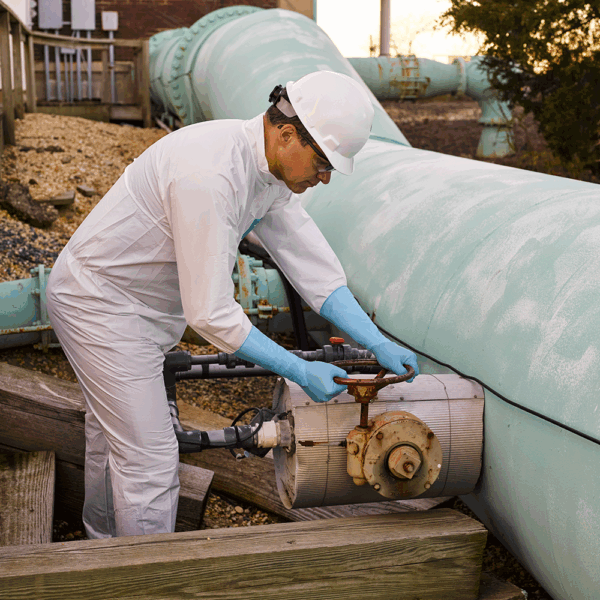 Technician wearing Ansell MICROFLEX 93-243 gloves adjusting a valve on industrial pipeline equipment outdoors.