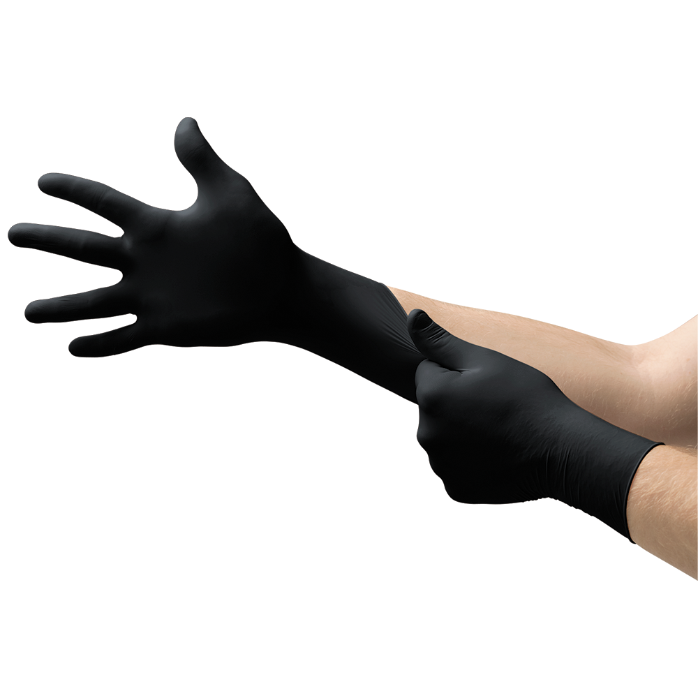 Ansell MICROFLEX 93-732 disposable black nitrile gloves being stretched over the wrist, showing flexible and durable fit.