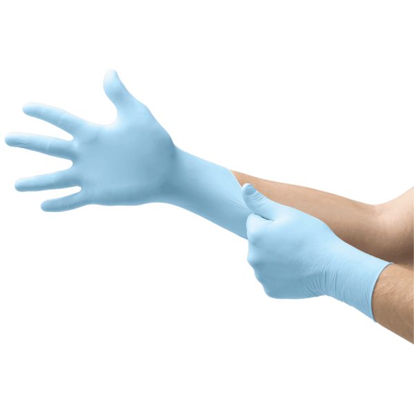Ansell MICROFLEX 93-833 light blue nitrile gloves being stretched over the wrist, showing flexible fit and extended cuff protection.