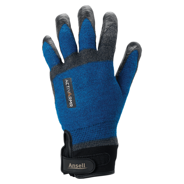 Ansell ActivArmr AN97003 glove – blue and black safety glove showing knitted back design with reinforced fingertips and adjustable wrist strap.