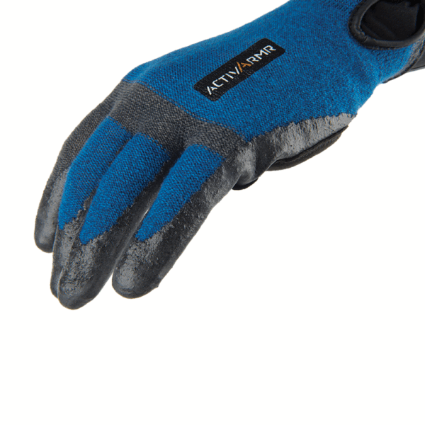 Close-up of Ansell ActivArmr AN97003 glove back – textured blue knit with grey reinforced coating for flexible hand protection.