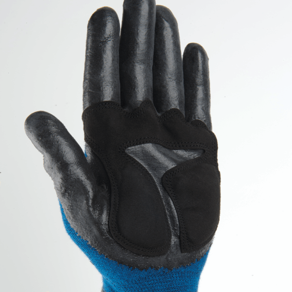 Detailed palm view of Ansell ActivArmr AN97003 glove showing durable nitrile coating and padded reinforcement zones.