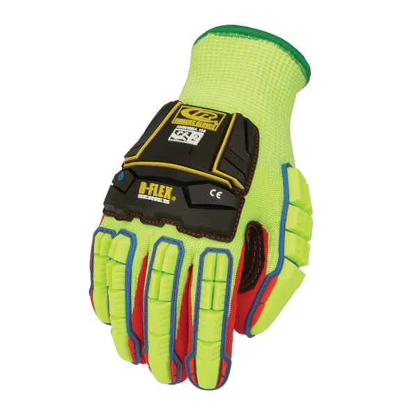 Ringers R-Flex R085 high-visibility impact glove – angled view showing yellow back with black TPR protection and red palm design.