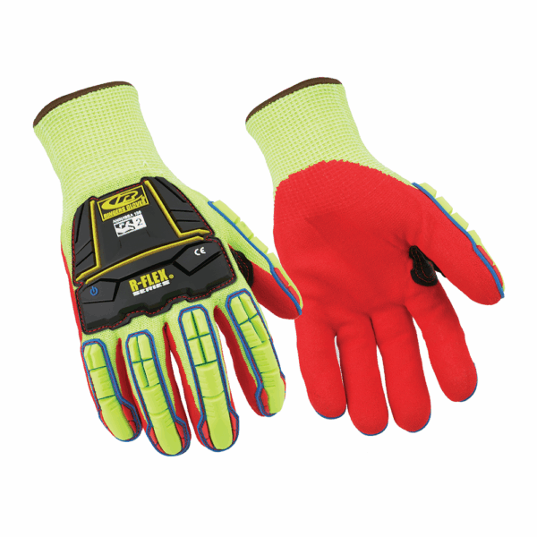 Ringers R-Flex R085 gloves front and back view – dual-colour hi-vis gloves with red palm coating and black TPR back protection.