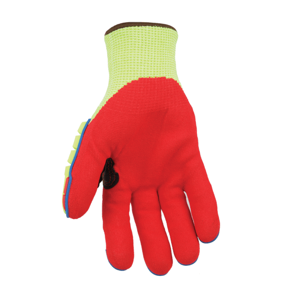 Ringers R-Flex R085 glove palm side – red sandy nitrile palm for strong grip and durability in oily or wet conditions.