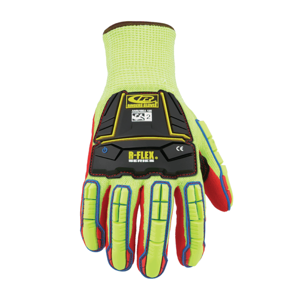 Ringers R-Flex R085 safety glove top view – hi-vis yellow glove with flexible TPR knuckle guards and R-Flex Series branding.
