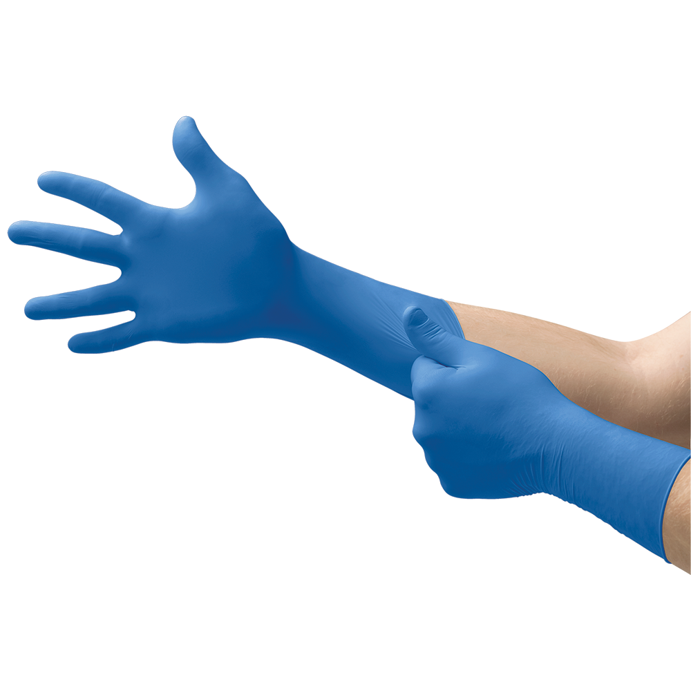 Ansell MICROFLEX 93-243 blue nitrile gloves being stretched over the wrist, showing long cuff design for forearm protection.
