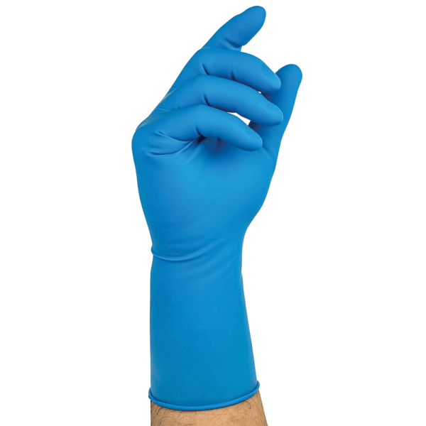 Ansell MICROFLEX 93-243 glove back view highlighting smooth nitrile finish and extended wrist coverage.