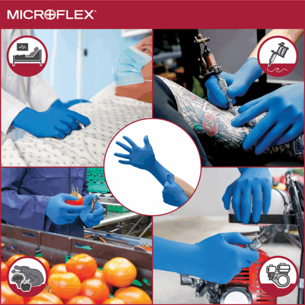 Ansell MICROFLEX 93-243 disposable gloves used in medical, tattoo, food handling, and mechanical settings.