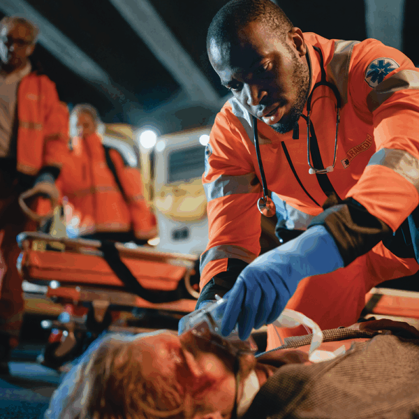 First responder wearing Ansell MICROFLEX 93-375 nitrile gloves providing emergency medical care to an injured person.