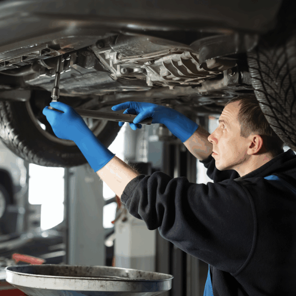 Automotive technician wearing Ansell MICROFLEX 93-375 nitrile gloves performing maintenance under a raised car.