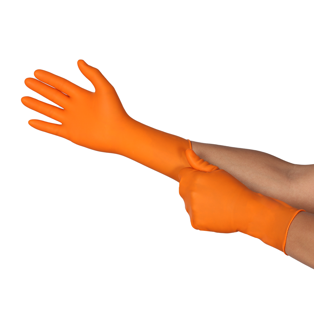 TouchNTuff 93-800 chemical resistant gloves worn during industrial cleaning with brush and solvent